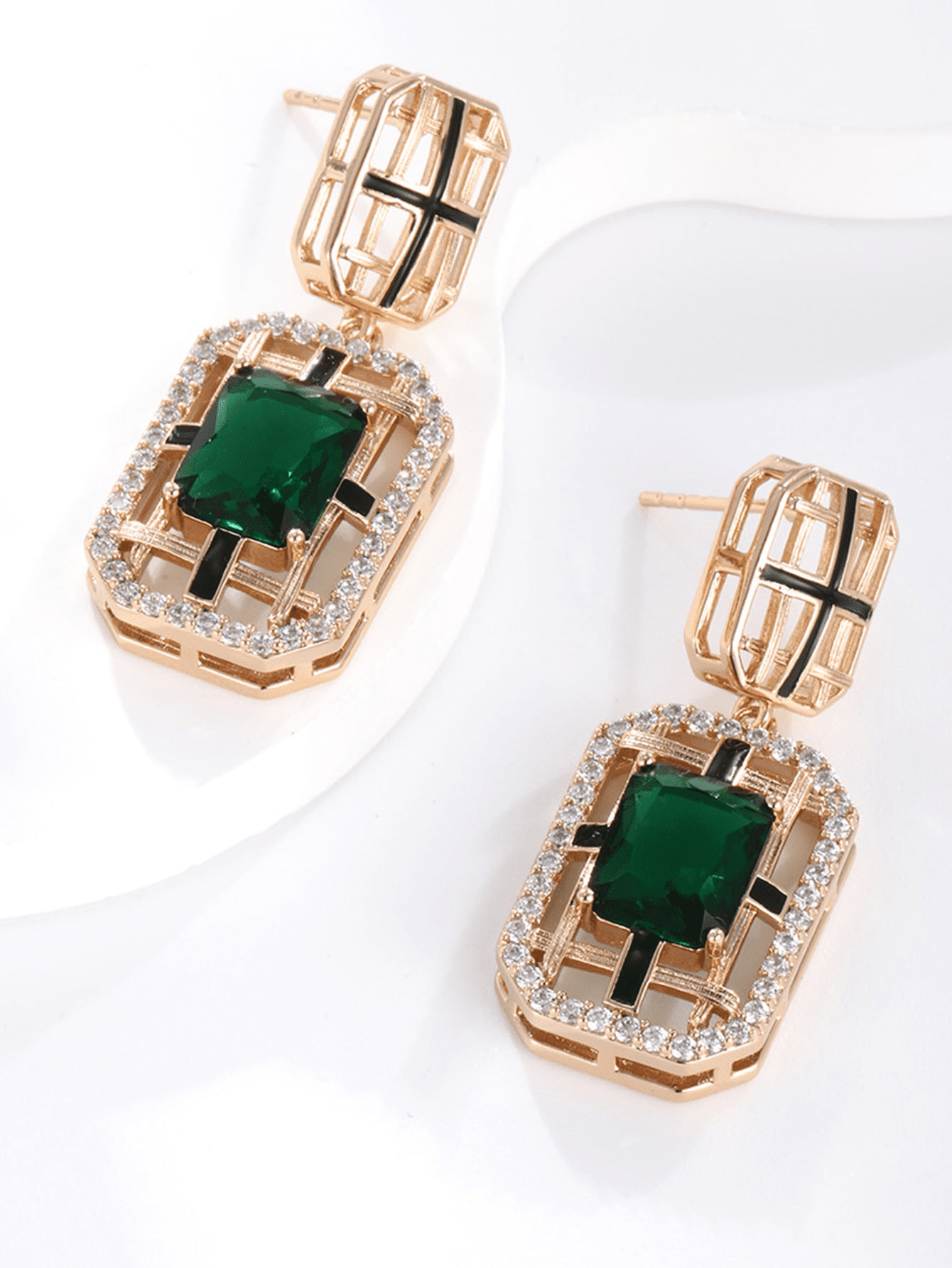 Square retro 18K gold zircon earrings | Fashionsarah.com