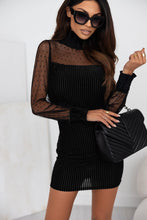 Load image into Gallery viewer, Black Dotted Mesh Striped Frilled Neck Bubble Sleeve Dress | Fashionsarah.com