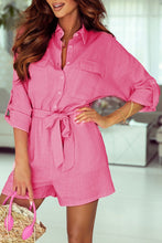 Load image into Gallery viewer, Rose Roll Tab Sleeve Button Shirt Style Belted Romper | Fashionsarah.com
