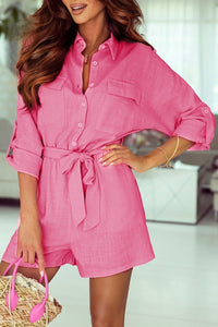 Rose Roll Tab Sleeve Button Shirt Style Belted Romper | Fashionsarah.com