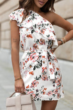 Load image into Gallery viewer, White Ruffled One Shoulder Tie High Waist Floral Dress | Fashionsarah.com