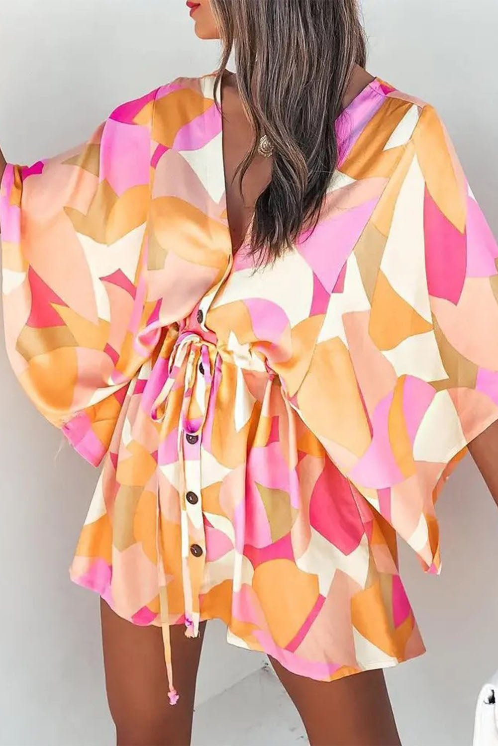 Pink Geometric Drawstring Batwing Sleeve Dress | Fashionsarah.com