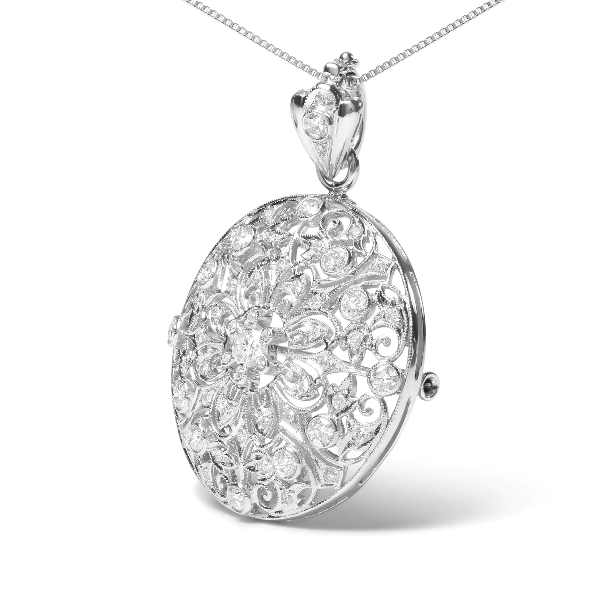 18K White Gold 1 5/6 Cttw Diamond Cluster Floral Filigree Brooch Pin and 18" Pendant Necklace (G-H Color, I1-I2 Clarity) | Fashionsarah.com