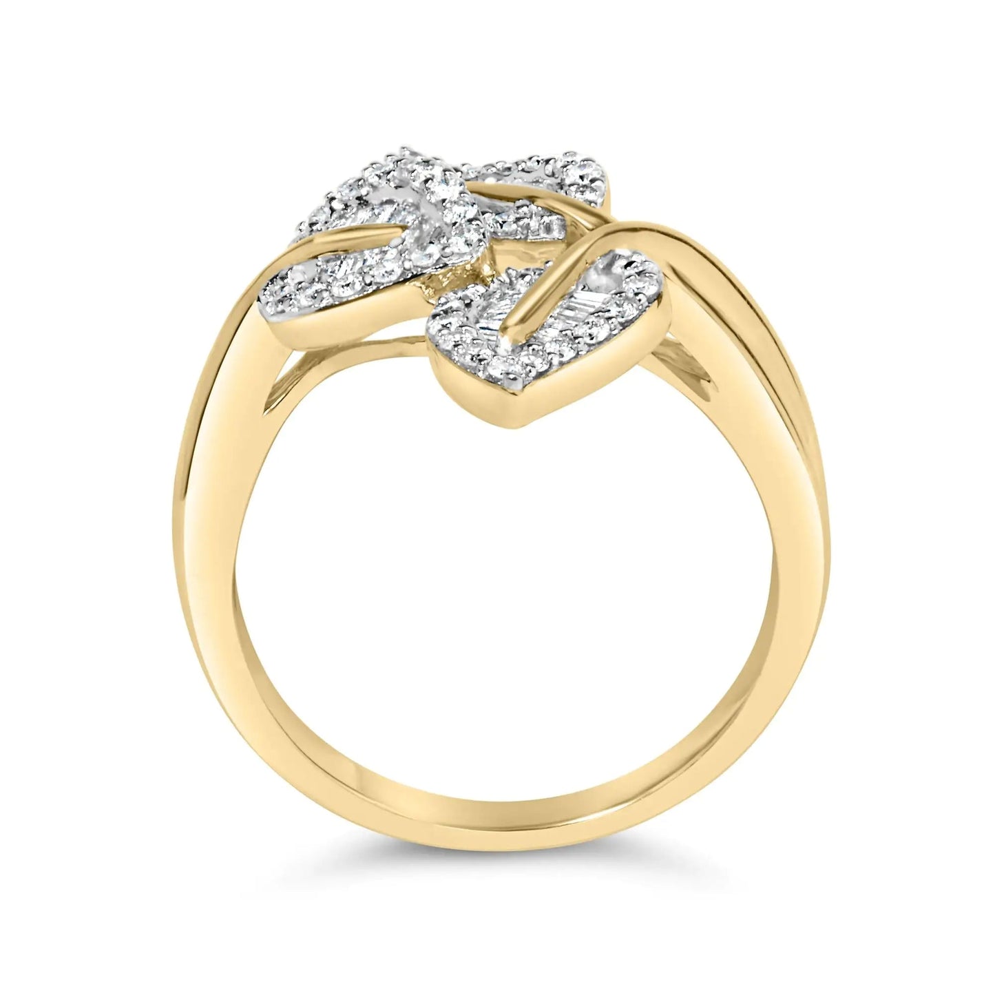 18K Yellow and White Gold Plated .925 Sterling Silver 3/8 Cttw Baguette and Round Diamond Bypass Triple Leaf Ring (I-J Color, I1-I2 Clarity) | Fashionsarah.com