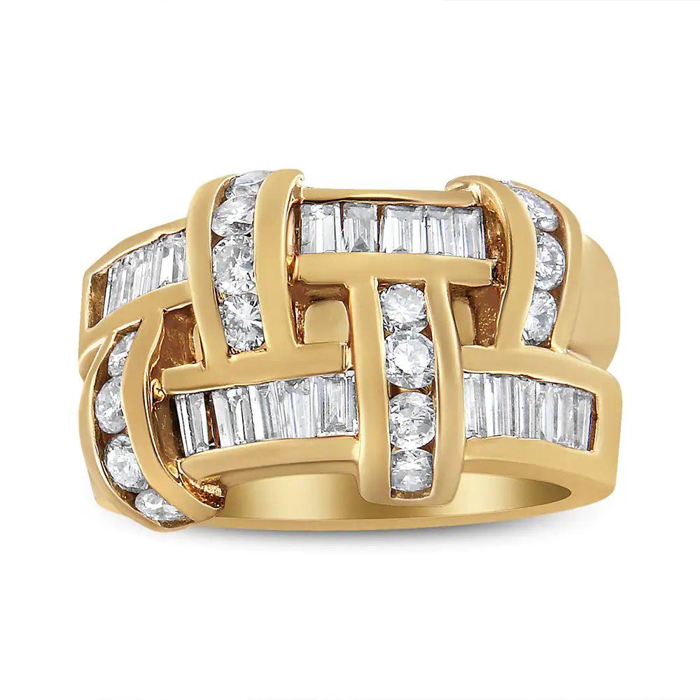 14K Yellow Gold 1 5/8 Cttw Round and Baguette Diamond Lattice Grid Design Ring Band (H-I Color, VS2-SI1 Clarity) - Ring Size 6 | Fashionsarah.com