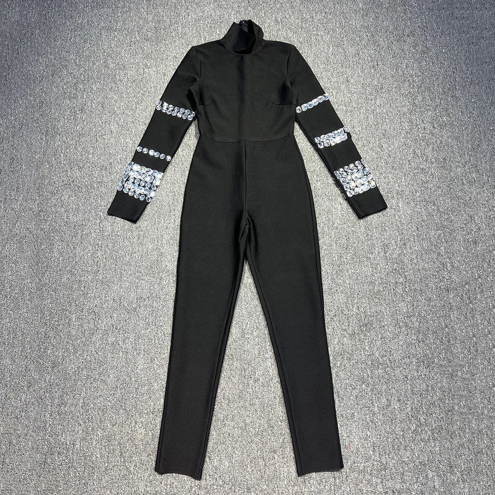 Black Beading Designed Bodycon Bandage Jumpsuit | Fashionsarah.com