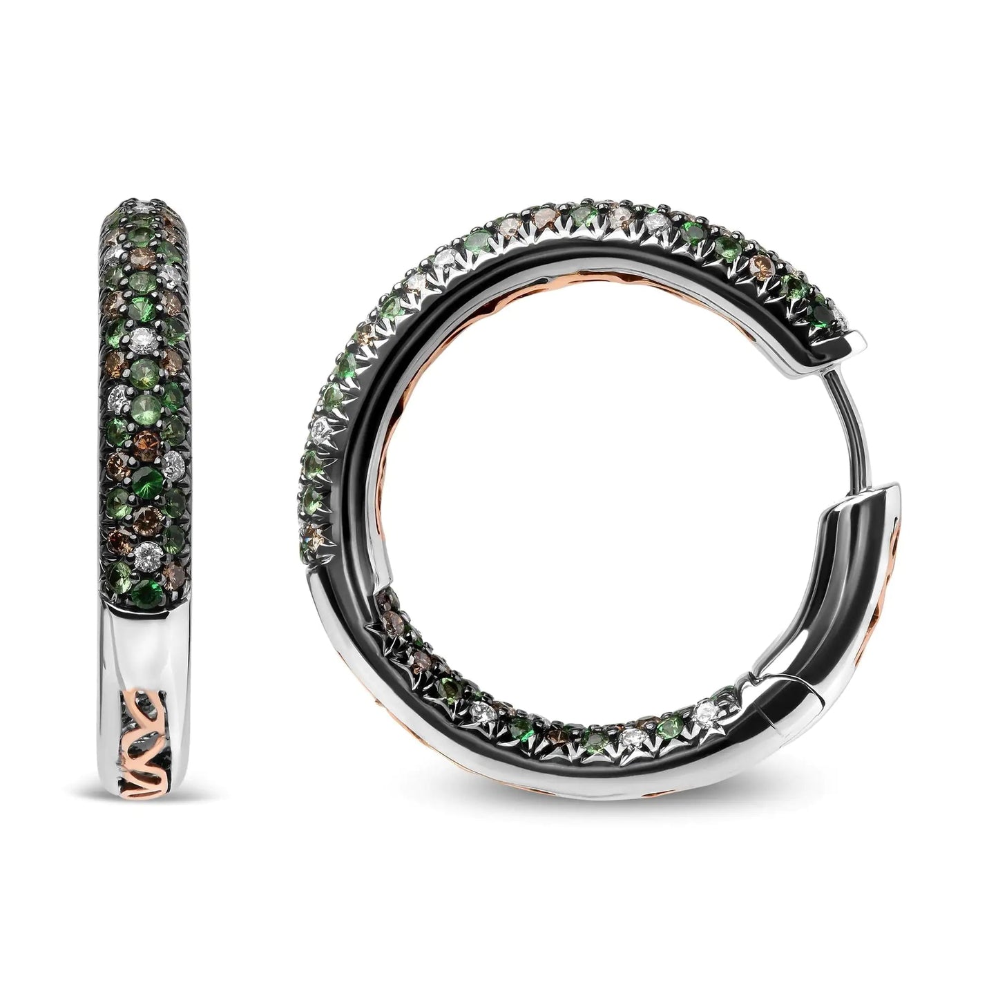 18K White Gold 1.00 Cttw Brown and White Diamond and 1.3mm Round Green Tsavorite Gemstone Inside Outside Hoop Earrings (Brown and G-H Color, SI1-SI2 Clarity) | Fashionsarah.com