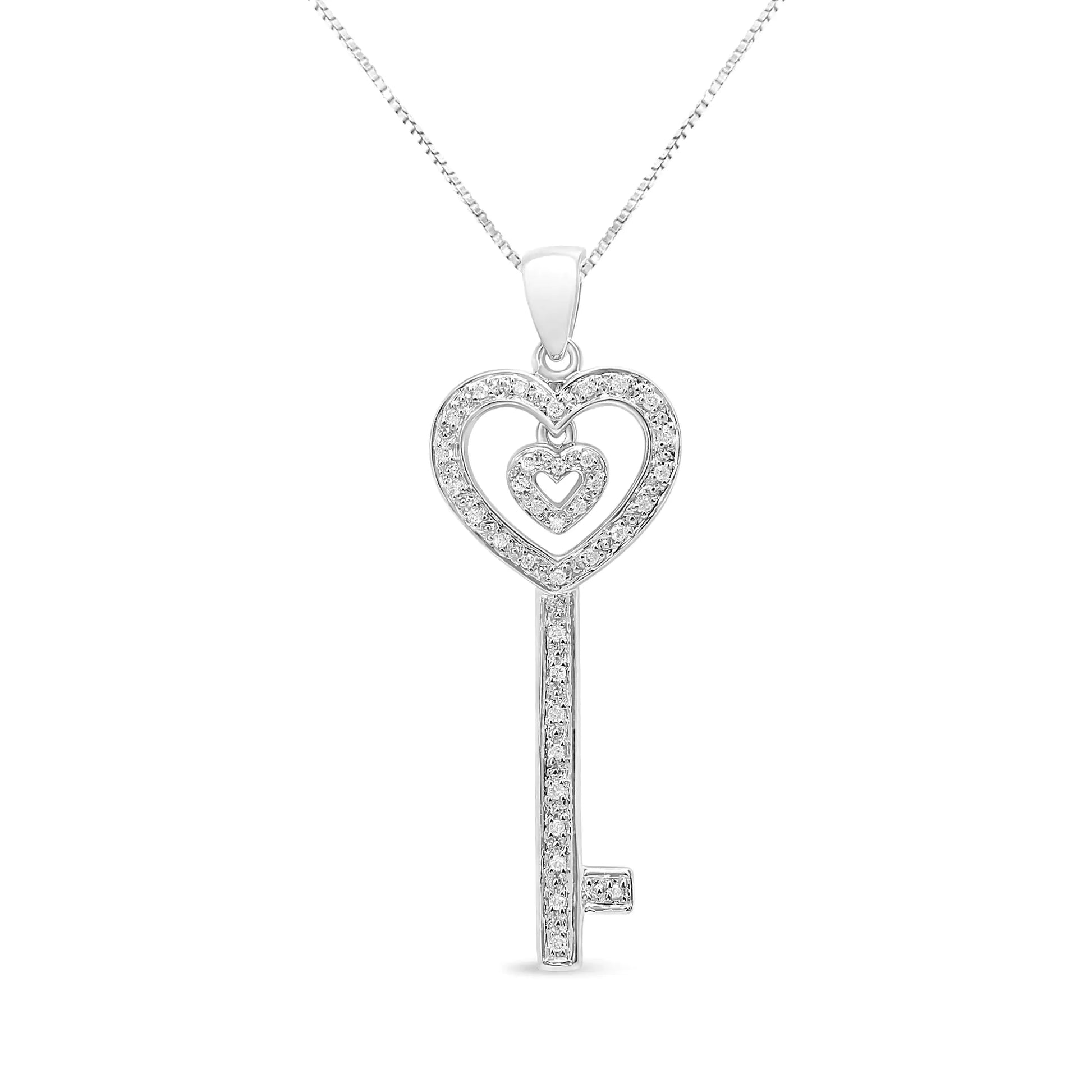 .925 Sterling Silver 1/5 Cttw Round-Cut Diamond Double Heart & Key 18" Pendant Necklace (I-J Color, I3 Clarity) | Fashionsarah.com