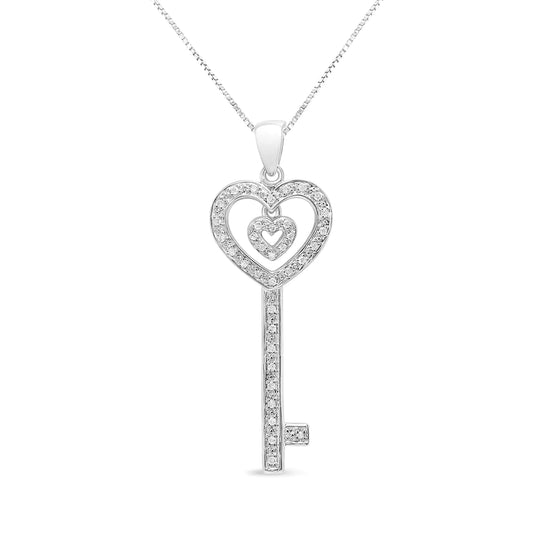 .925 Sterling Silver 1/5 Cttw Round-Cut Diamond Double Heart & Key 18" Pendant Necklace (I-J Color, I3 Clarity) | Fashionsarah.com