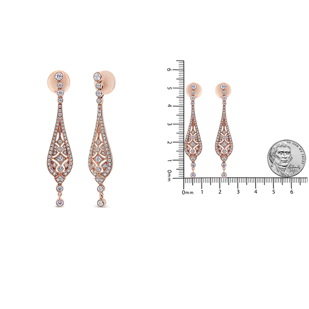 18K Rose Gold 1 3/4 Cttw Diamond Milgrain Edged Vintage Art Deco Style Drop and Dangle Earring (F-G Color, VS1-VS2 Clarity) | Fashionsarah.com