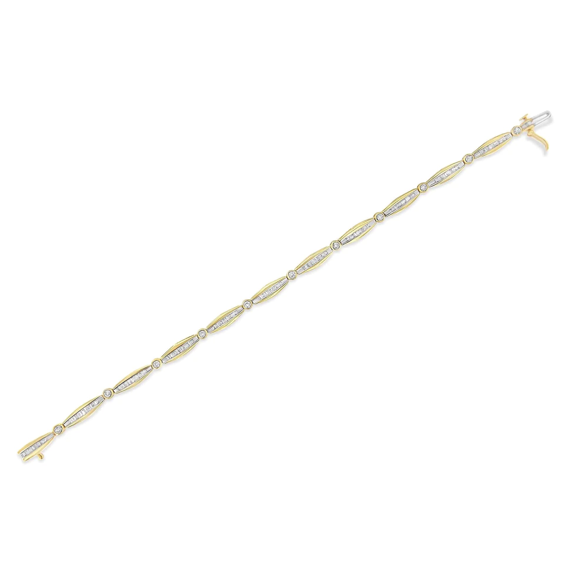 14K Yellow Gold 1-1/2 Cttw Round Brilliant-Cut & Diamond Bezel and Tapered Link 7" Tennis Bracelet (H-I Color, I1-I2 Clarity) | Fashionsarah.com