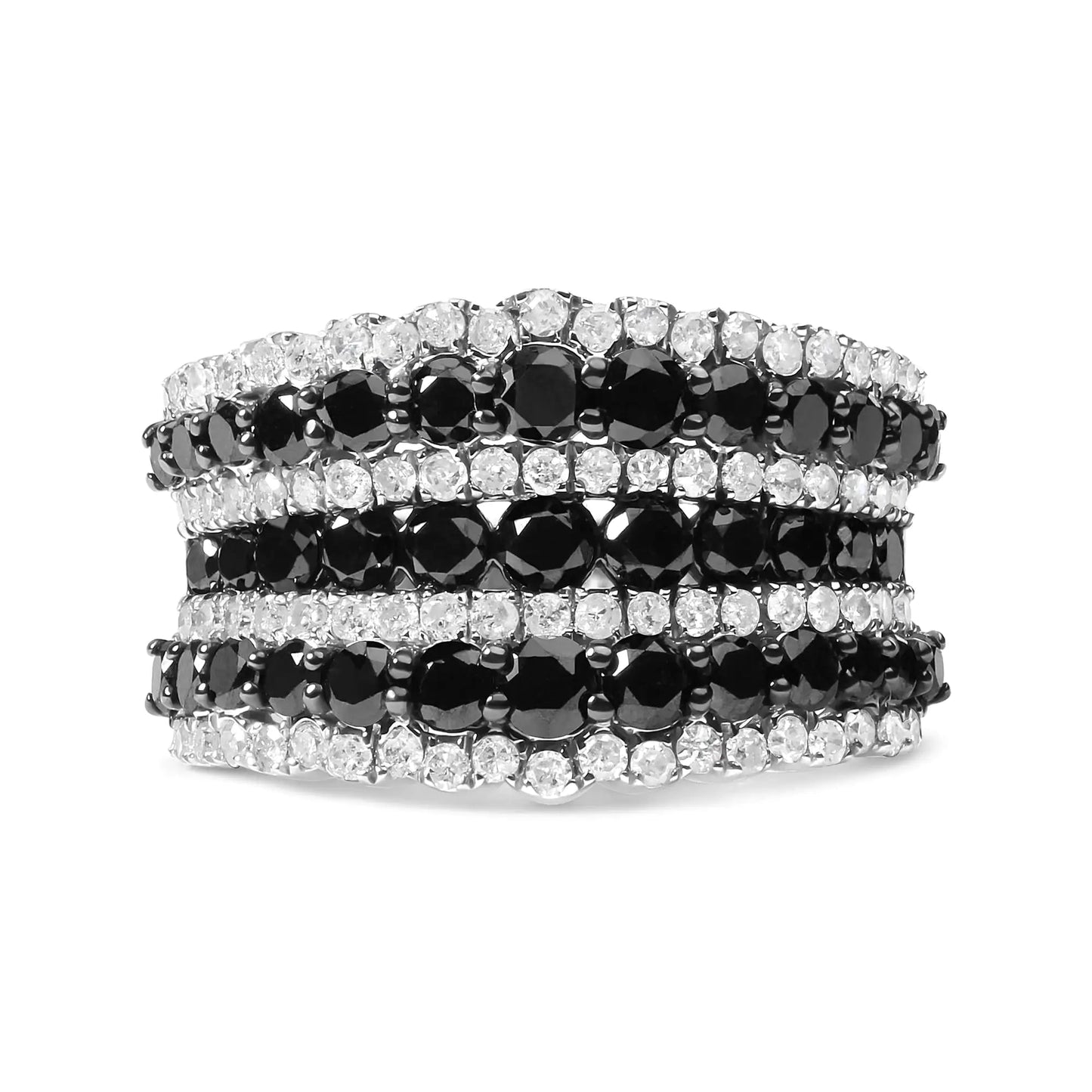 .925 Sterling Silver 1 3/4 Cttw Treated Black and White Alternating Diamond Multi Row Band Ring (Black / I-J Color, I2-I3 Clarity) | Fashionsarah.com