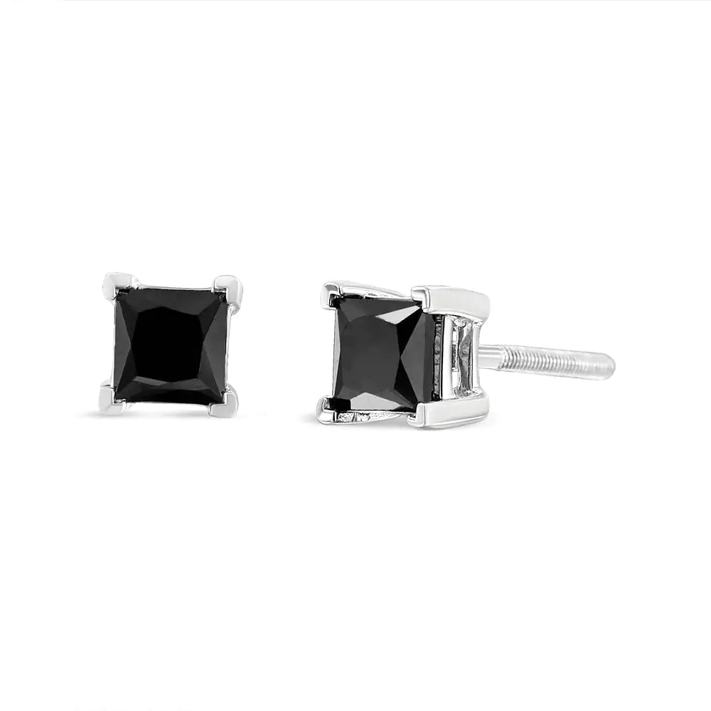 14K White Gold Princess-Cut Treated Black Diamond Classic 4-Prong Stud Earrings | Fashionsarah.com