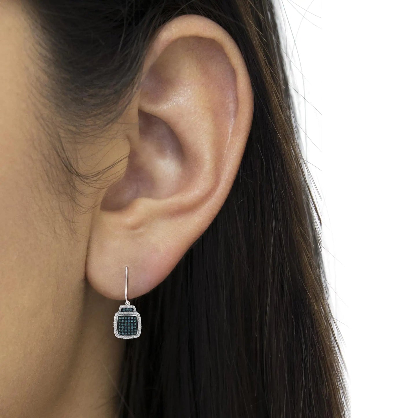 Black Rhodium over .925 Sterling Silver ¾ Cttw Blue and White Diamond Cushion Shaped Dangle Earrings (Enhanced Blue & I-J Color, I2-I3 Clarity) | Fashionsarah.com