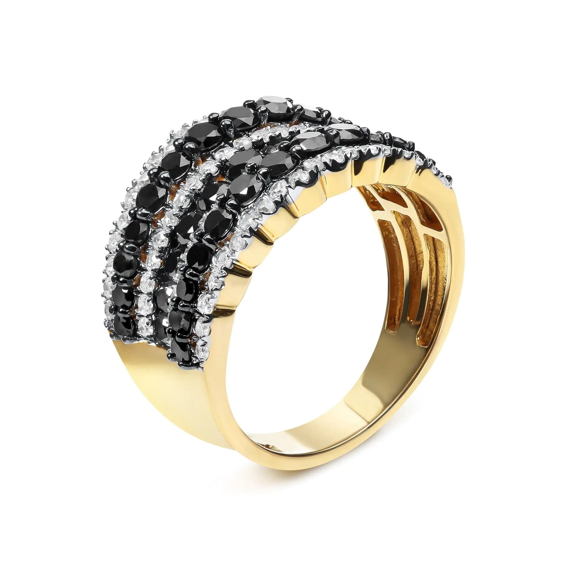 14K Yellow Gold Plated .925 Sterling Silver 1 3/4 Cttw Treated Black and White Alternating Diamond Multi Row Band Ring (Black / I-J Color, I2-I3 Clarity) | Fashionsarah.com