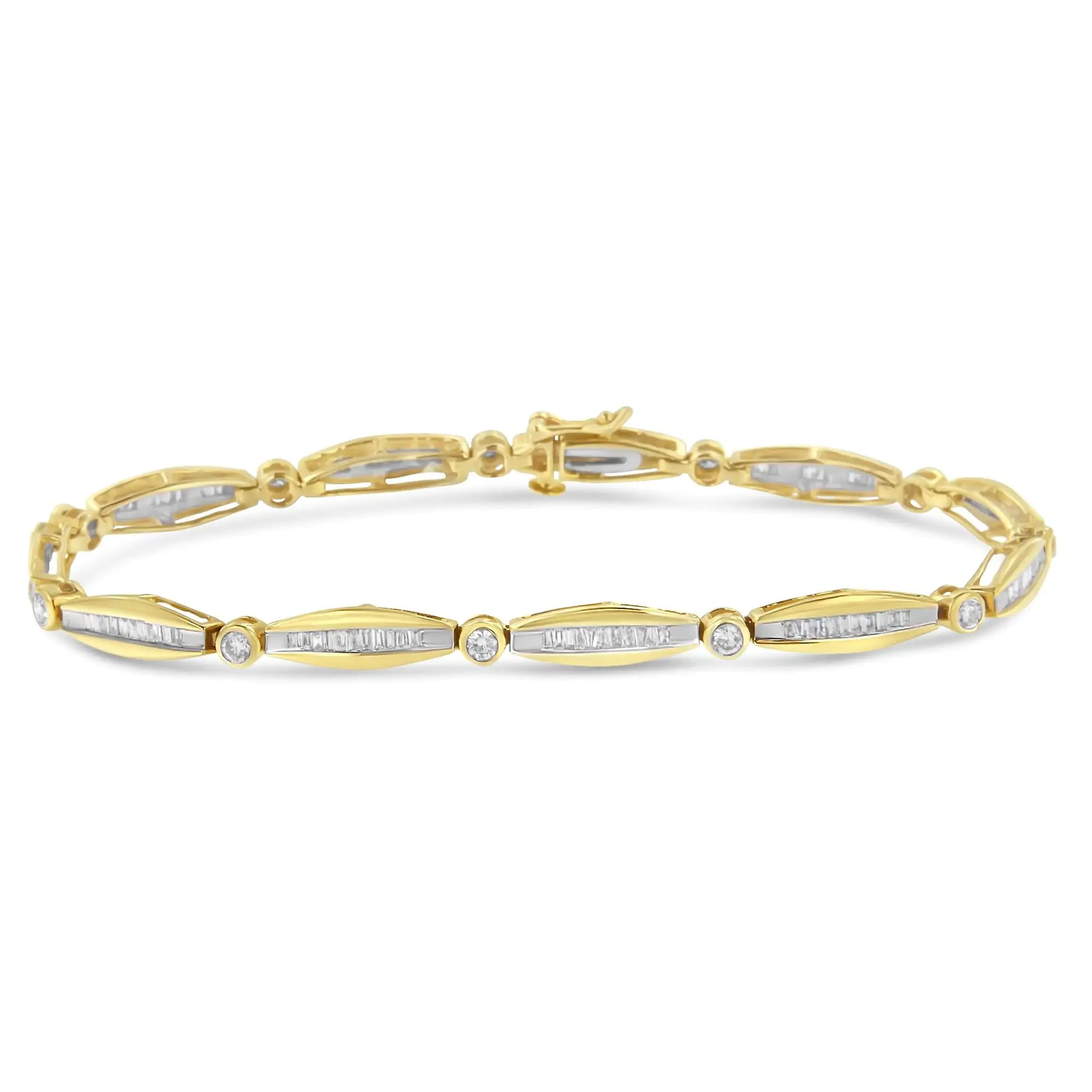 14K Yellow Gold 1-1/2 Cttw Round Brilliant-Cut & Diamond Bezel and Tapered Link 7" Tennis Bracelet (H-I Color, I1-I2 Clarity) | Fashionsarah.com