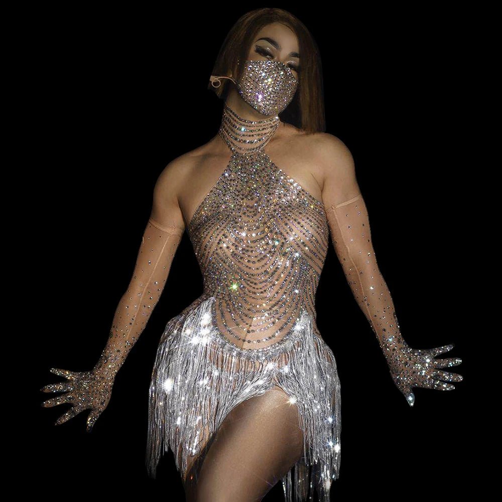 Sparkly Rhinestone Transparent Dress with Gloves and Mask | Fashionsarah.com