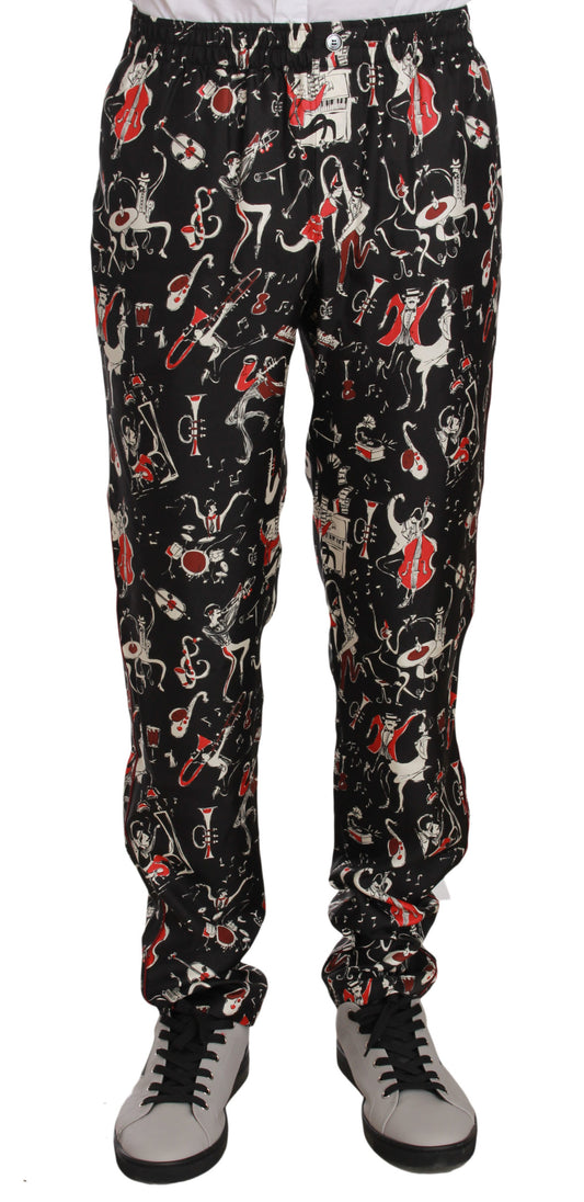 Fashionsarah.com Fashionsarah.com Dolce & Gabbana Elegant Black Silk Lounge Pants with Red Print