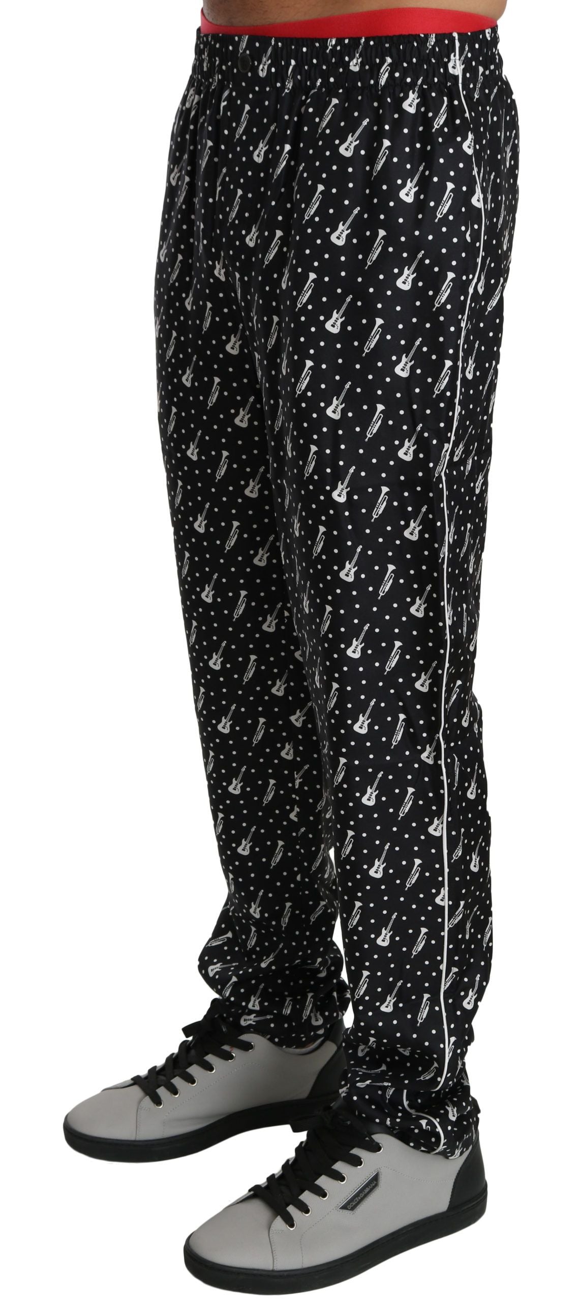 Fashionsarah.com Fashionsarah.com Dolce & Gabbana Elegant Black Musical Instrument Print Silk Pants