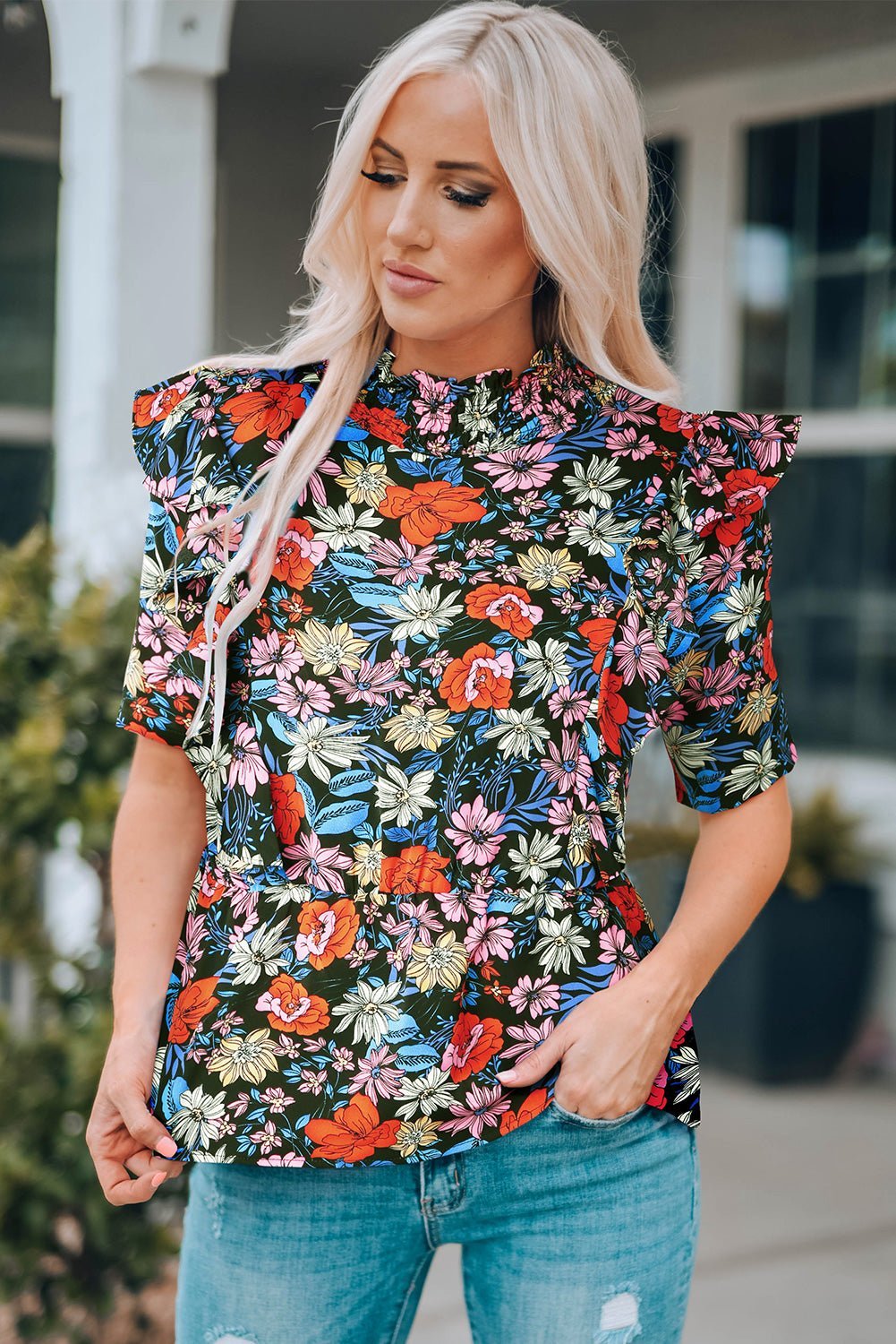 Blue Floral Ruffle Peplum Top | Fashionsarah.com