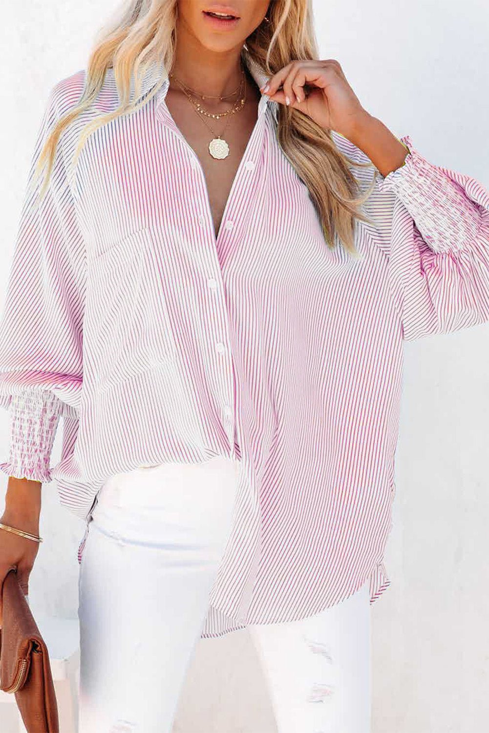 Women Striped Boyfriend Shirt with Pocket | Fashionsarah.com