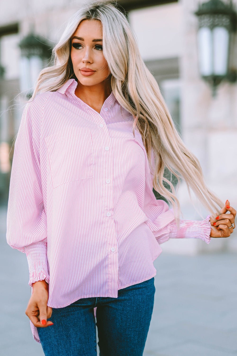 Women Striped Boyfriend Shirt with Pocket | Fashionsarah.com