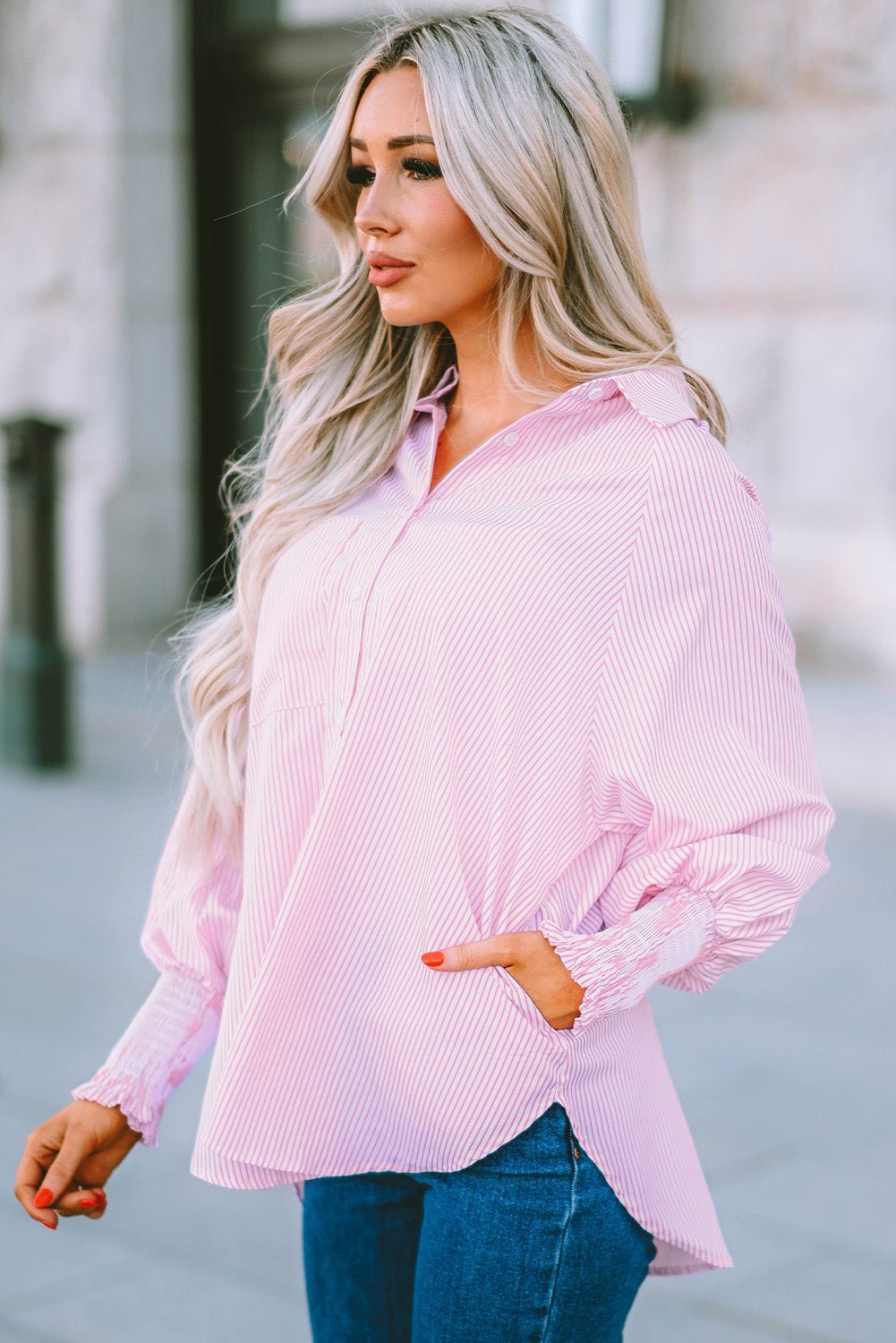 Women Striped Boyfriend Shirt with Pocket | Fashionsarah.com