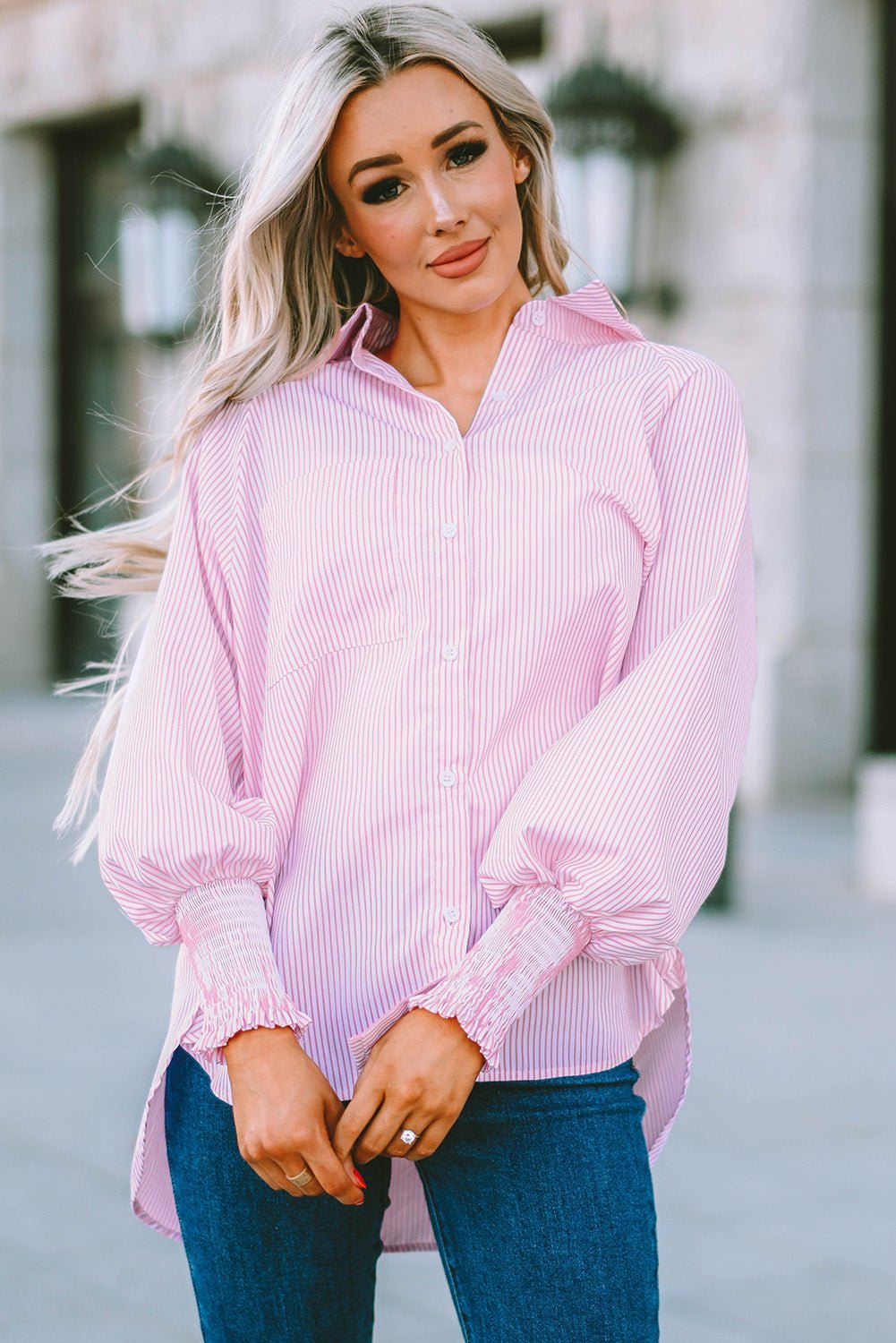 Women Striped Boyfriend Shirt with Pocket | Fashionsarah.com