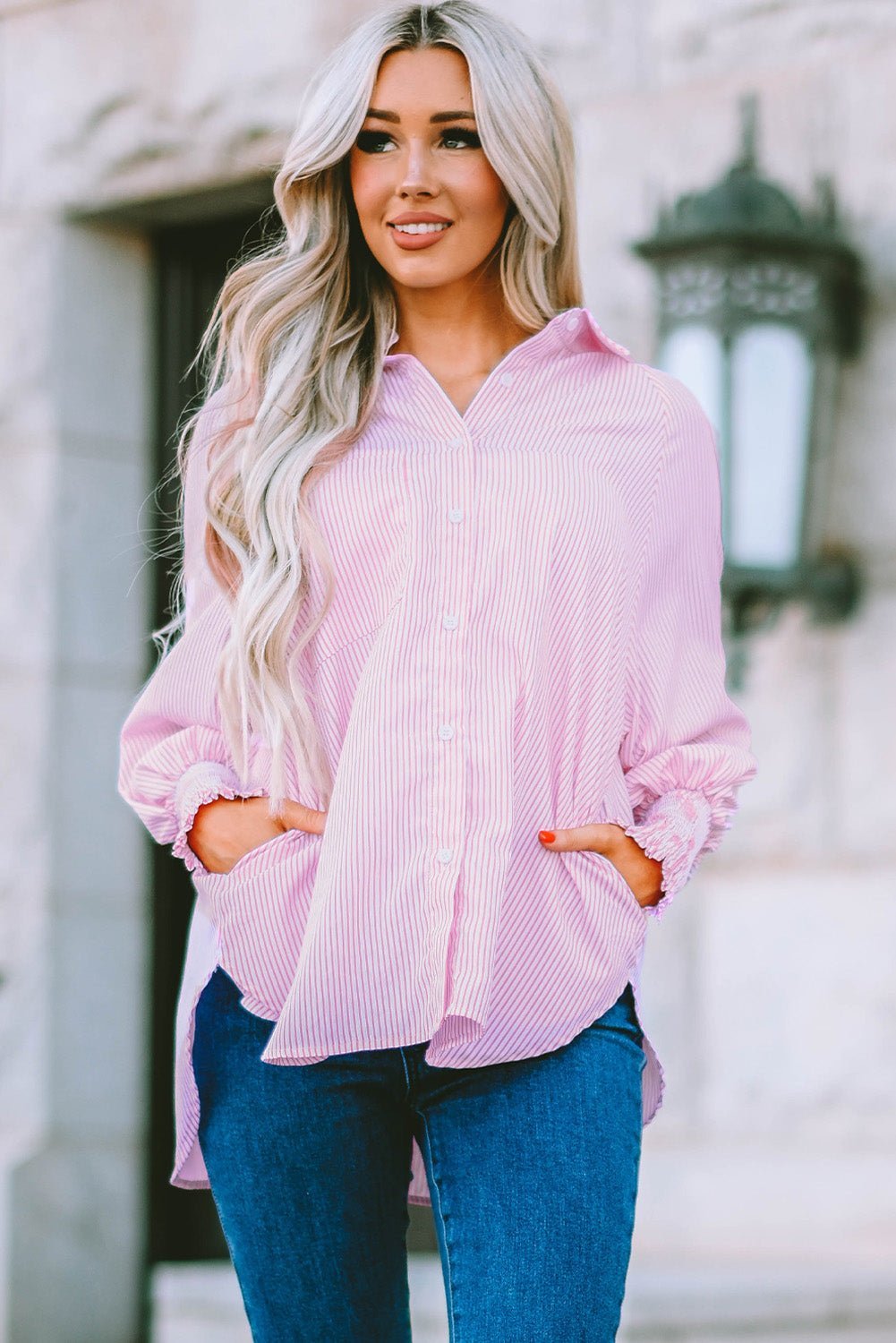 Women Striped Boyfriend Shirt with Pocket | Fashionsarah.com