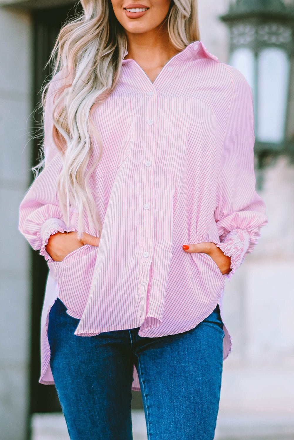 Women Striped Boyfriend Shirt with Pocket | Fashionsarah.com