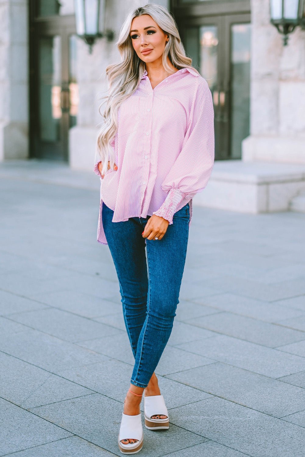 Women Striped Boyfriend Shirt with Pocket | Fashionsarah.com