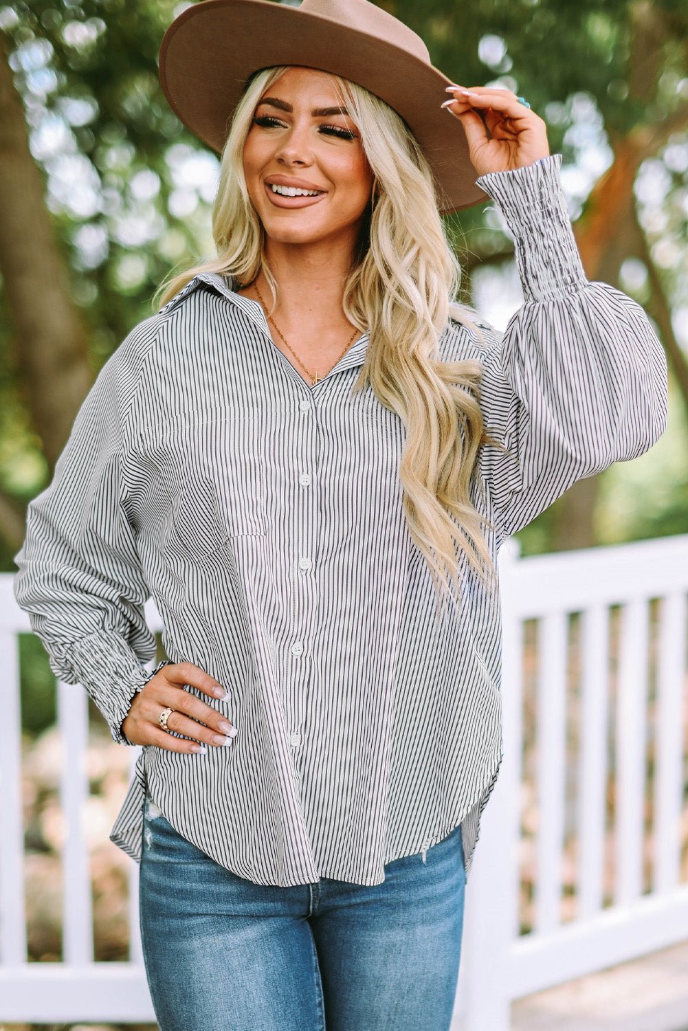 Women Striped Boyfriend Shirt with Pocket | Fashionsarah.com