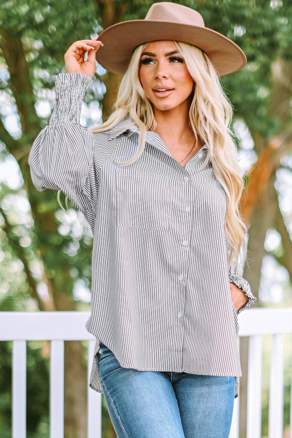 Women Striped Boyfriend Shirt with Pocket | Fashionsarah.com