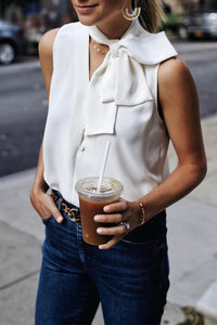 White Bow Tie Sleeveless Shirt | Fashionsarah.com