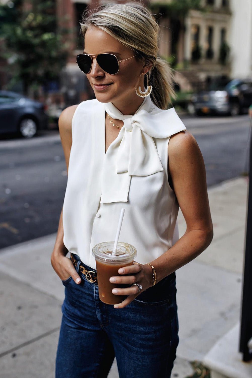 Women White Bow Tie Sleeveless Shirt | Fashionsarah.com