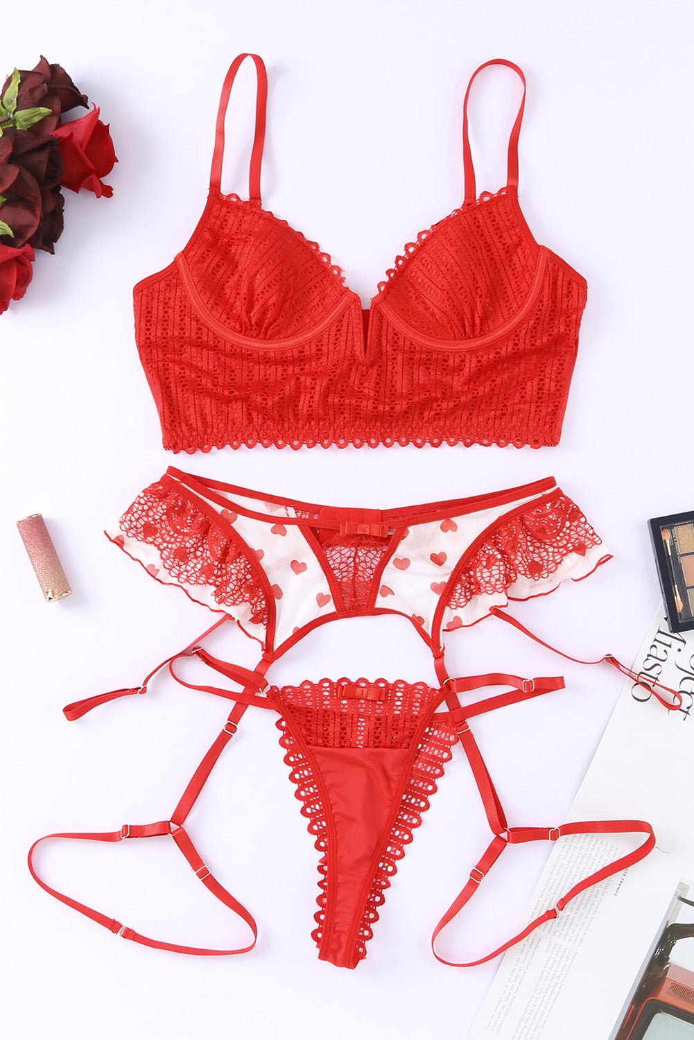 Fashionsarah.com Red 3pcs Heart Splice Lingerie Set