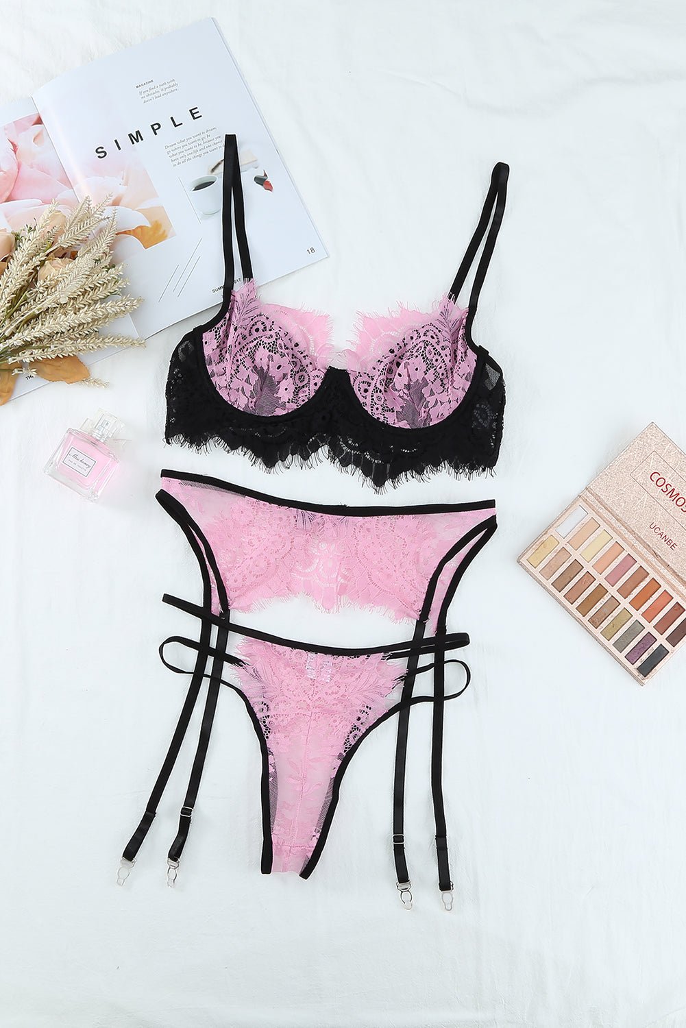 Fashionsarah.com Pink Lace Bralette Set with Garter Belt