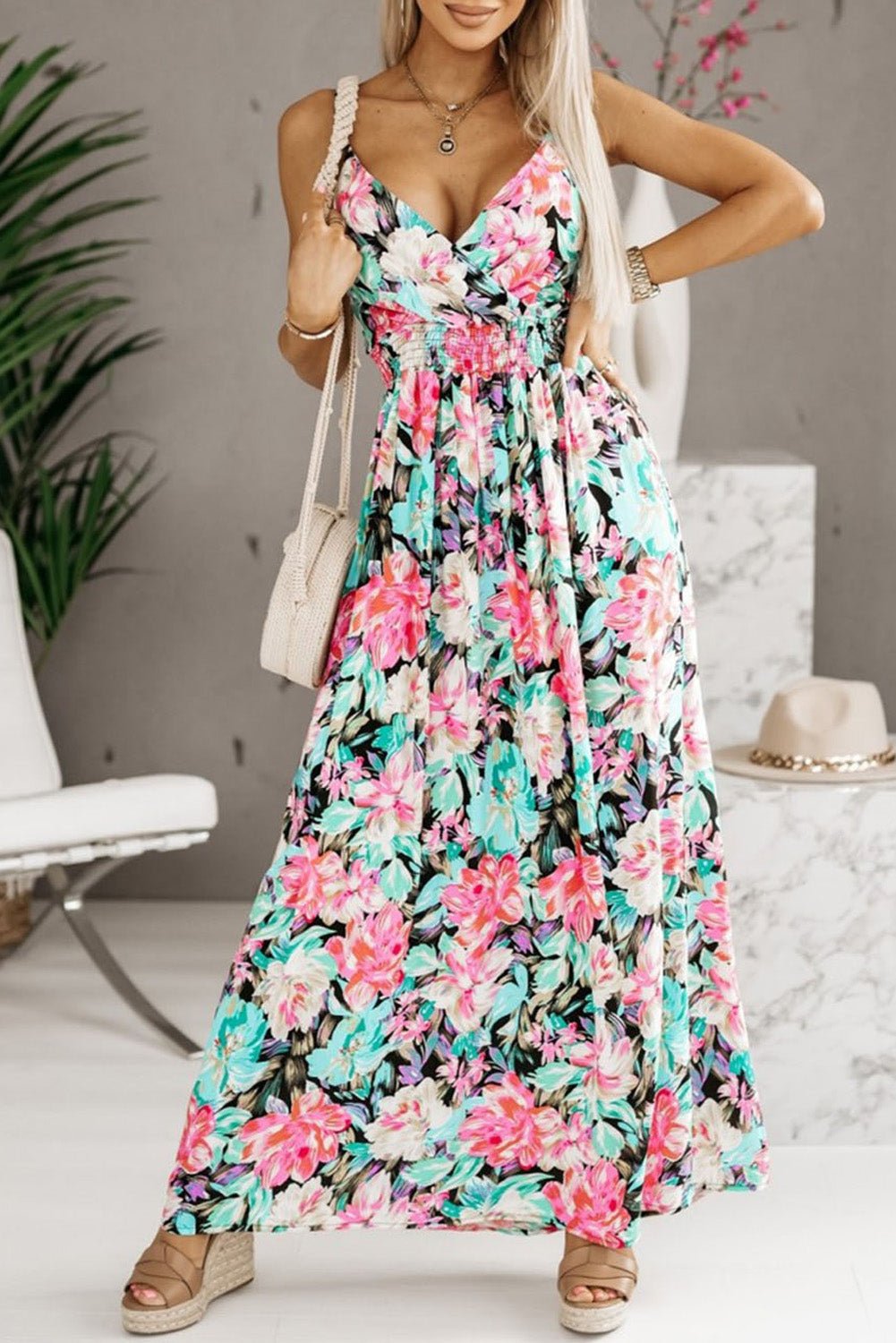 Fashionsarah.com Green Sling Floral Maxi Dress