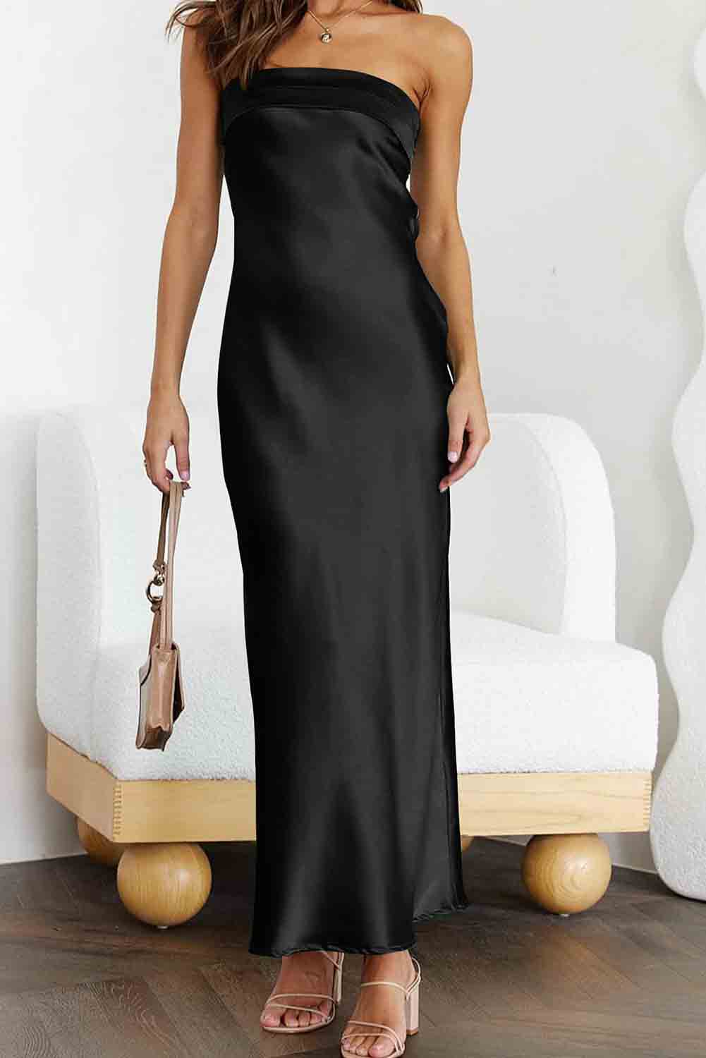 Black Satin Tube Dress | Fashionsarah.com