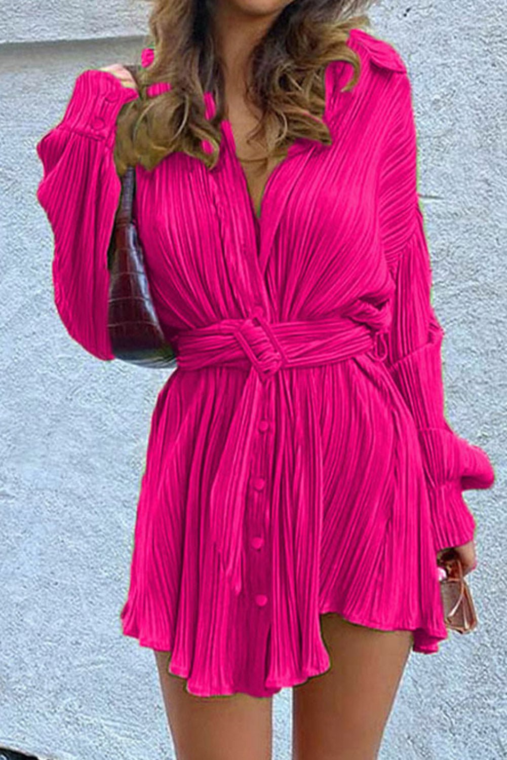 Fashionsarah.com Rose Pleated Mini Shirt Dress