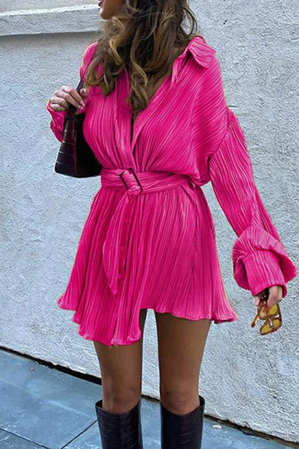 Fashionsarah.com Rose Pleated Mini Shirt Dress