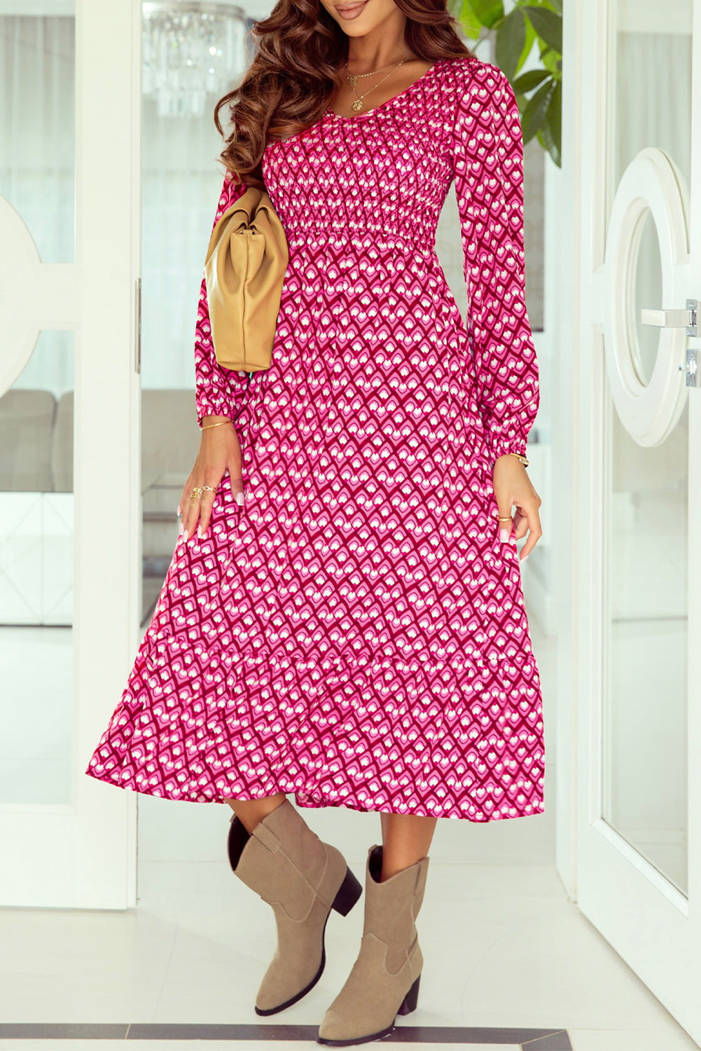 Geometric V Neck High Waist Long Dress | Fashionsarah.com