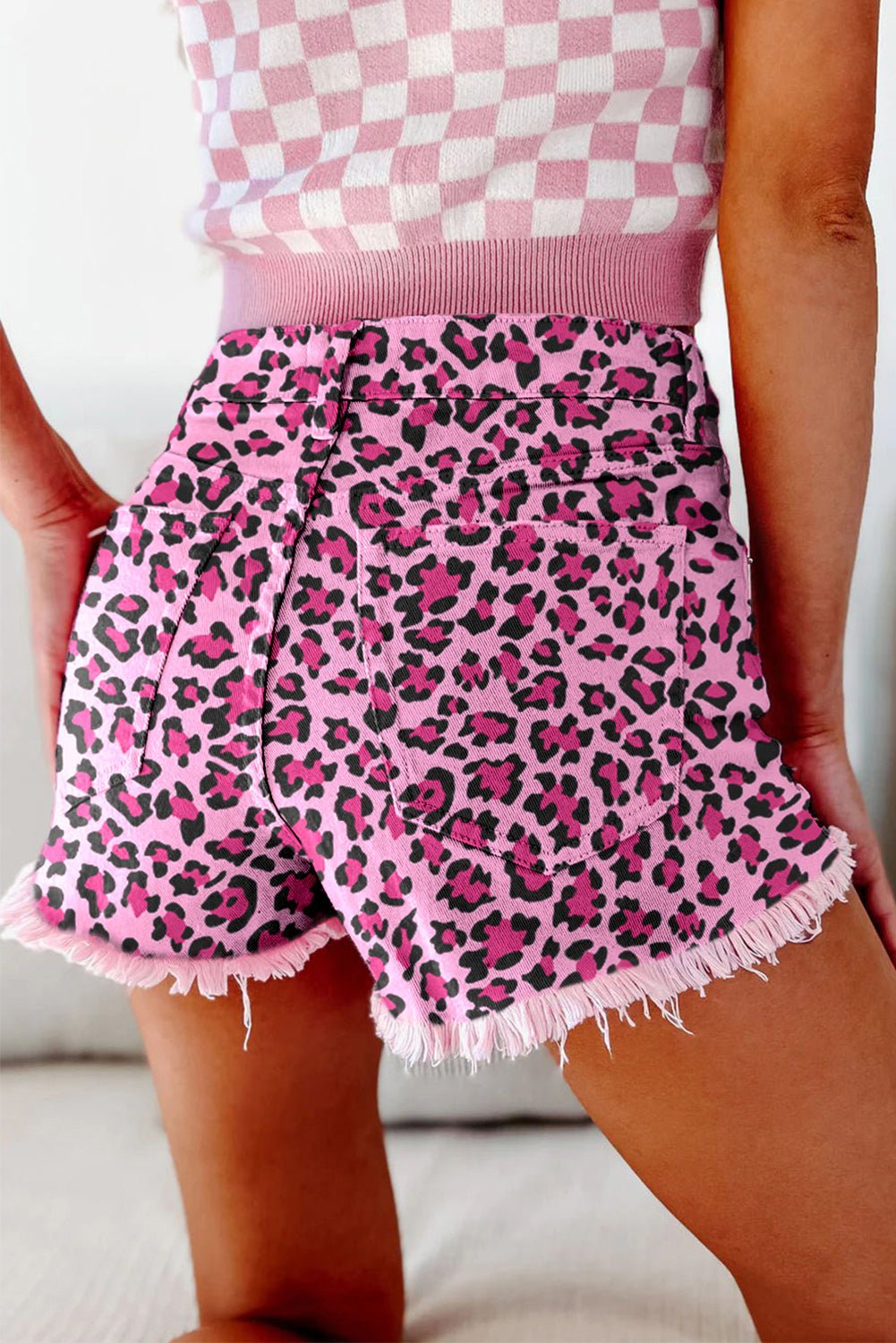 Fashionsarah.com Pink Leopard Denim Shorts