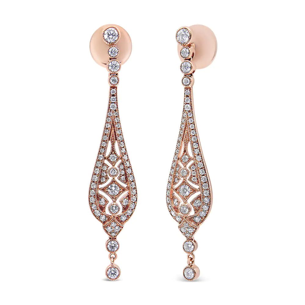 18K Rose Gold 1 3/4 Cttw Diamond Milgrain Edged Vintage Art Deco Style Drop and Dangle Earring (F-G Color, VS1-VS2 Clarity) | Fashionsarah.com