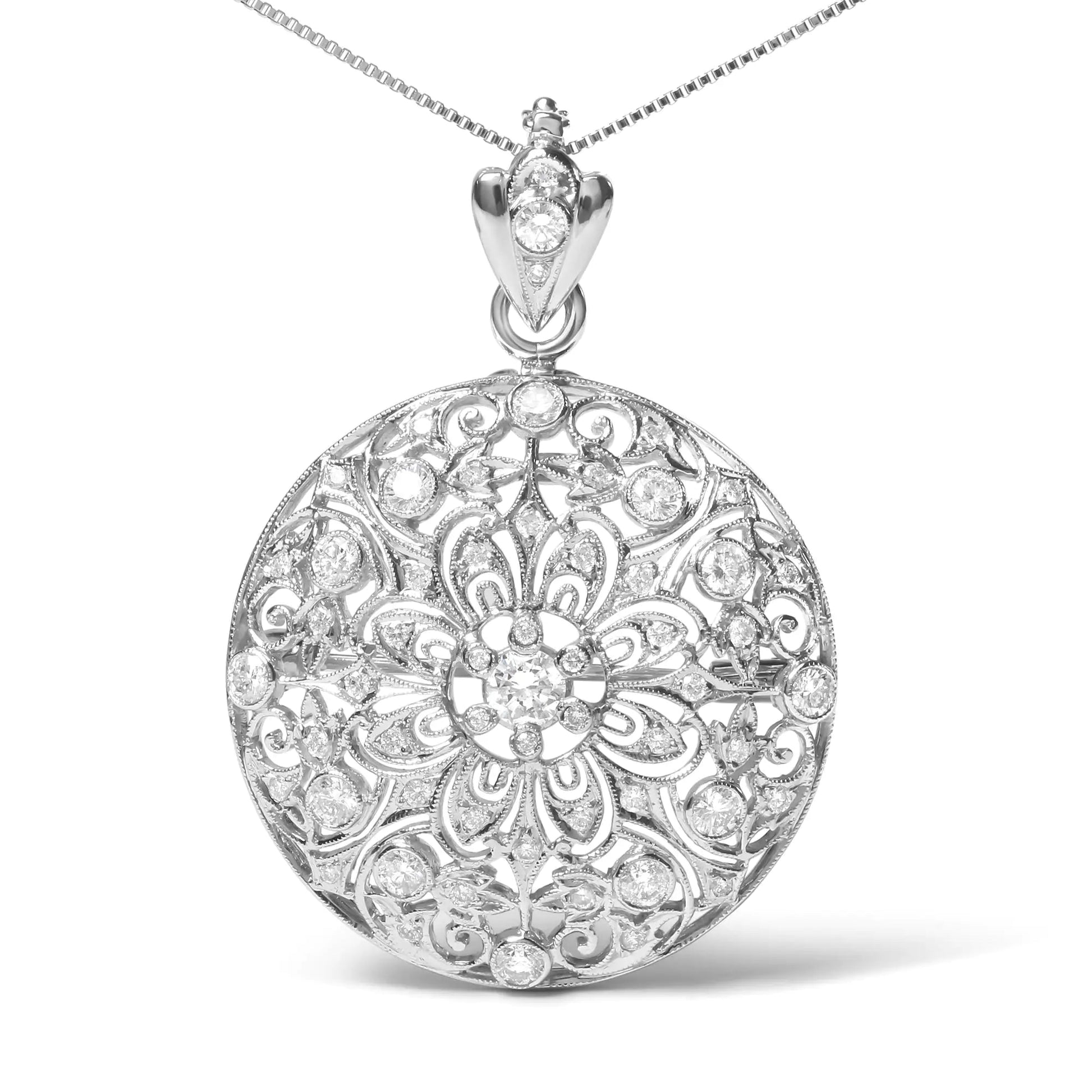 18K White Gold 1 5/6 Cttw Diamond Cluster Floral Filigree Brooch Pin and 18" Pendant Necklace (G-H Color, I1-I2 Clarity) | Fashionsarah.com