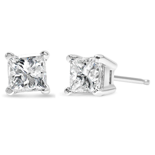 14K White Gold 3/8 Cttw Princess-Cut Square Diamond Classic 4-Prong Solitaire Stud Earrings(H-I, I1-I2) | Fashionsarah.com