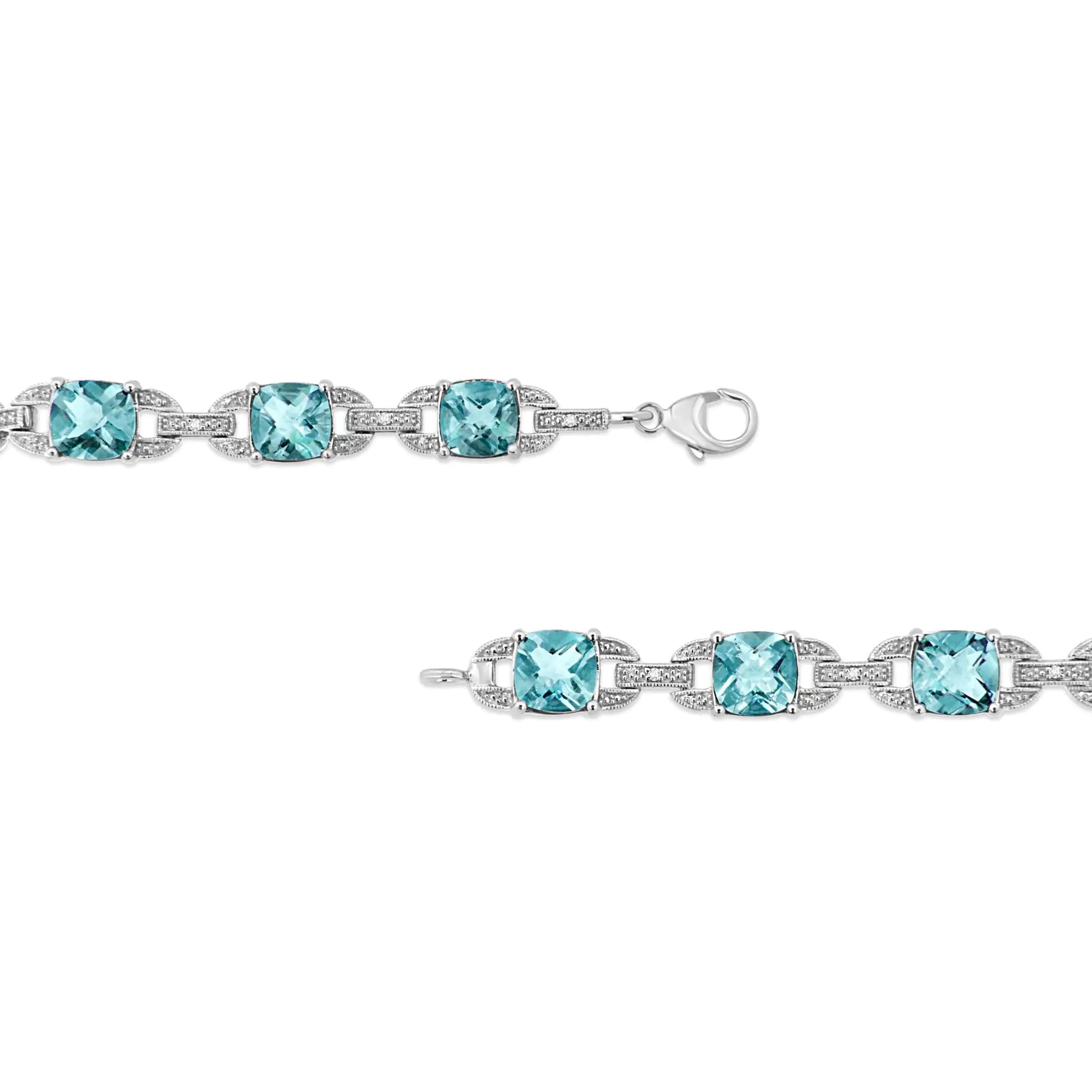 .925 Sterling Silver 7x7 mm Cushion Cut Blue Topaz and 1/20 cttw Round Cut Diamond Fashion Tennis Bracelet (I-J Color, I1-I2 Clarity) - 7" | Fashionsarah.com