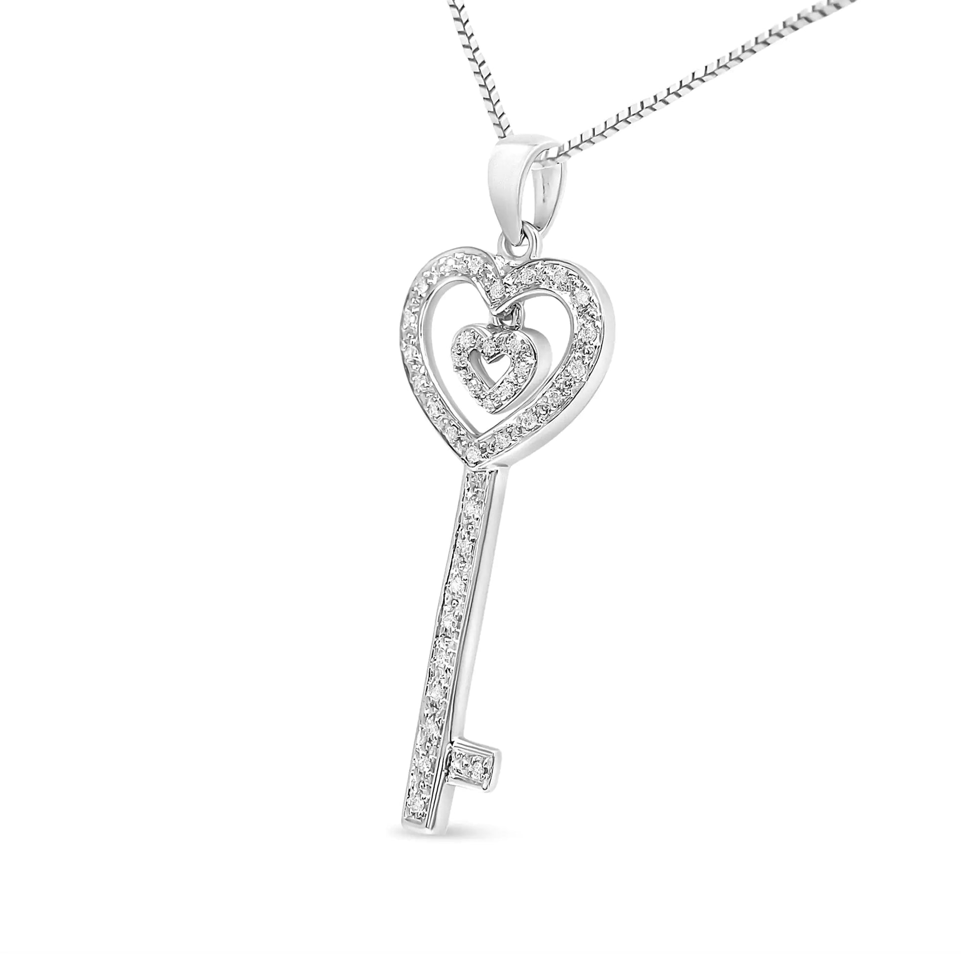 .925 Sterling Silver 1/5 Cttw Round-Cut Diamond Double Heart & Key 18" Pendant Necklace (I-J Color, I3 Clarity) | Fashionsarah.com