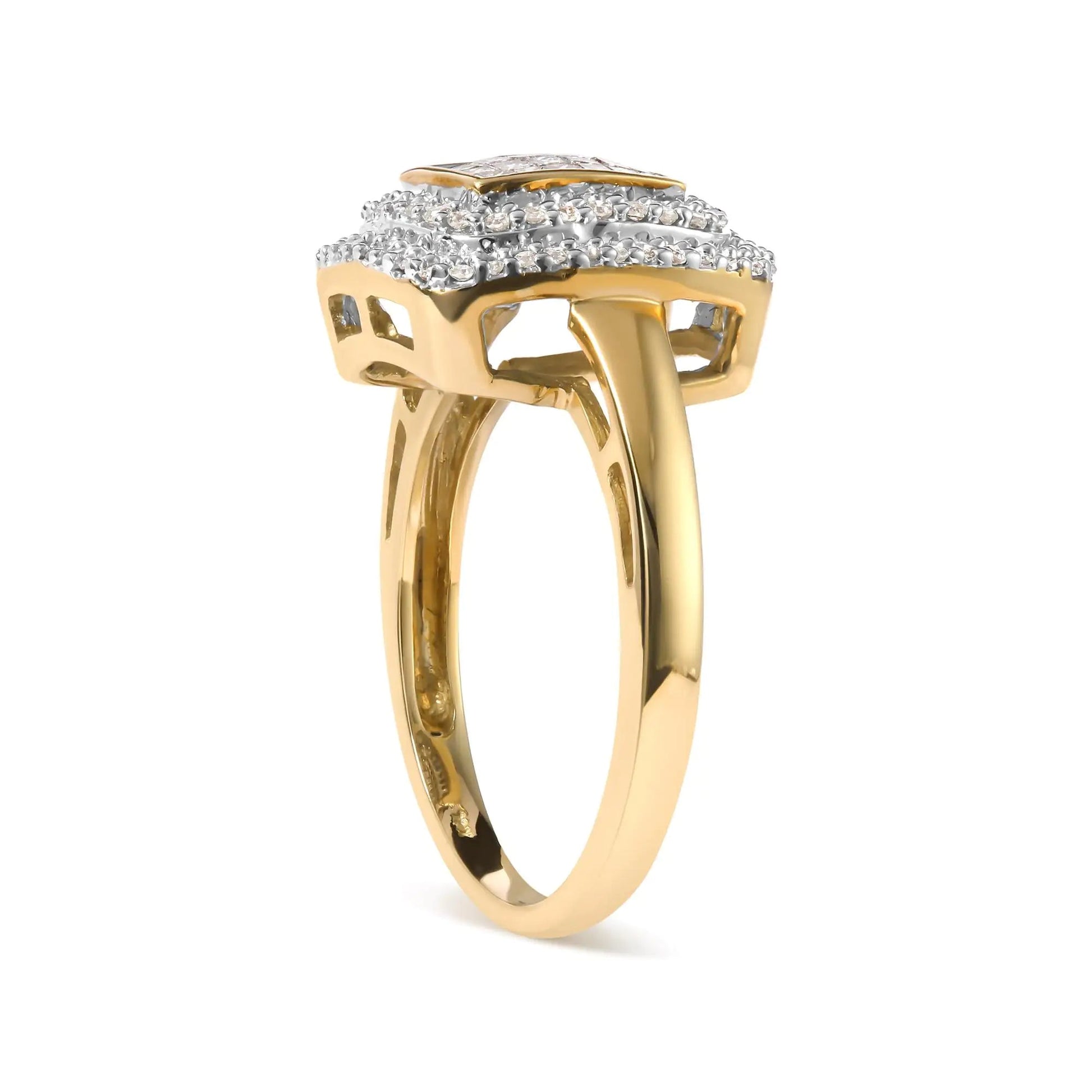 10K Yellow Gold 1/2 cttw Round and Princess Diamond Composite Head and Halo Ring (H-I Color, SI1-SI2 Clarity) | Fashionsarah.com