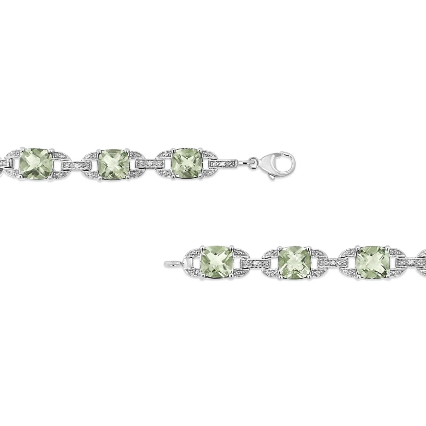 .925 Sterling Silver 7x7 mm Cushion Cut Green Amethyst and 1/20 cttw Round Cut Diamond Fashion Tennis Bracelet (I-J Color, I1-I2 Clarity) - 7" | Fashionsarah.com